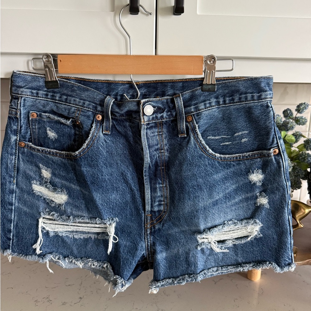 Levi's  501 Distressed Dark Blue Denim Cutoff Shorts